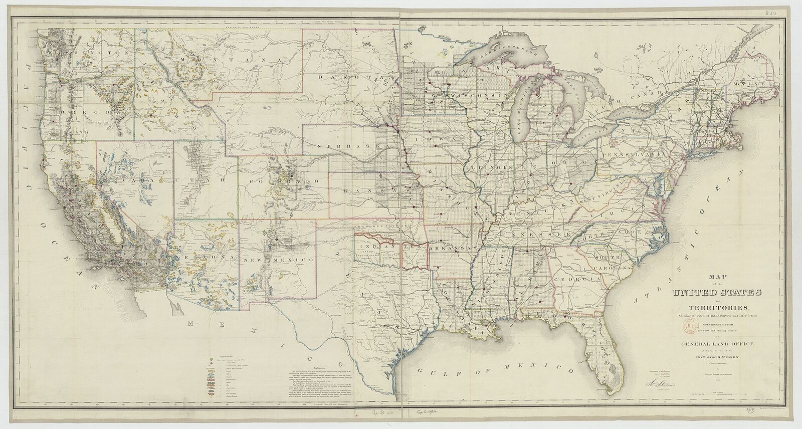 Mapa de 1866 que muestra hasta dónde llegaban los relevamientos públicos de tierras