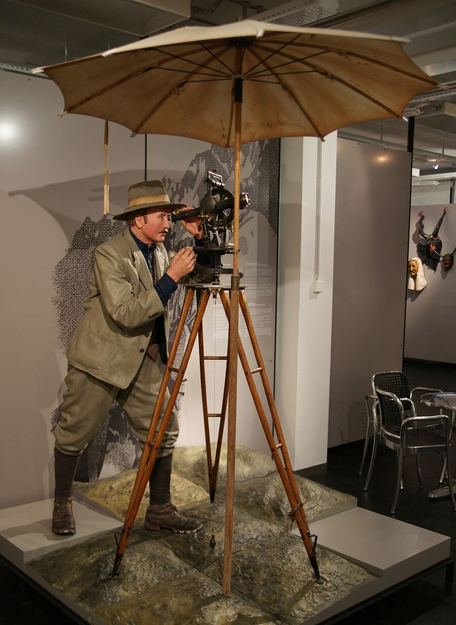 Diorama de un agrimensor midiendo con un teodolito bajo una sombrilla