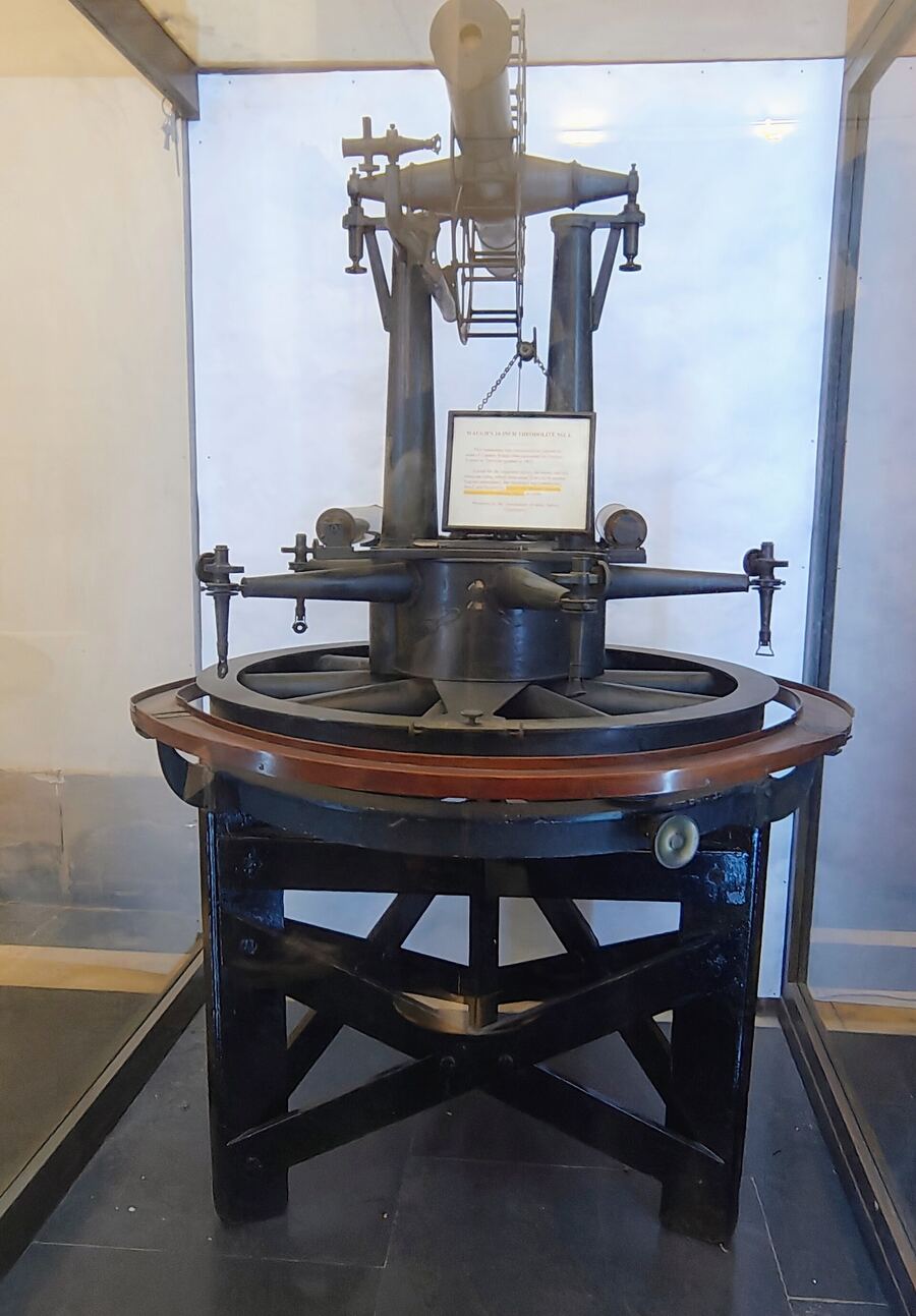 Teodolito antiguo de bronce y hierro en una vitrina de museo